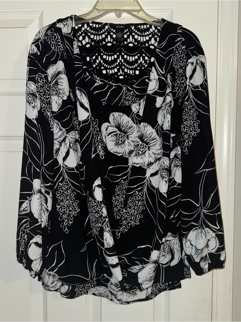 Alfani Black & White Floral Crochet-Back Blouse
